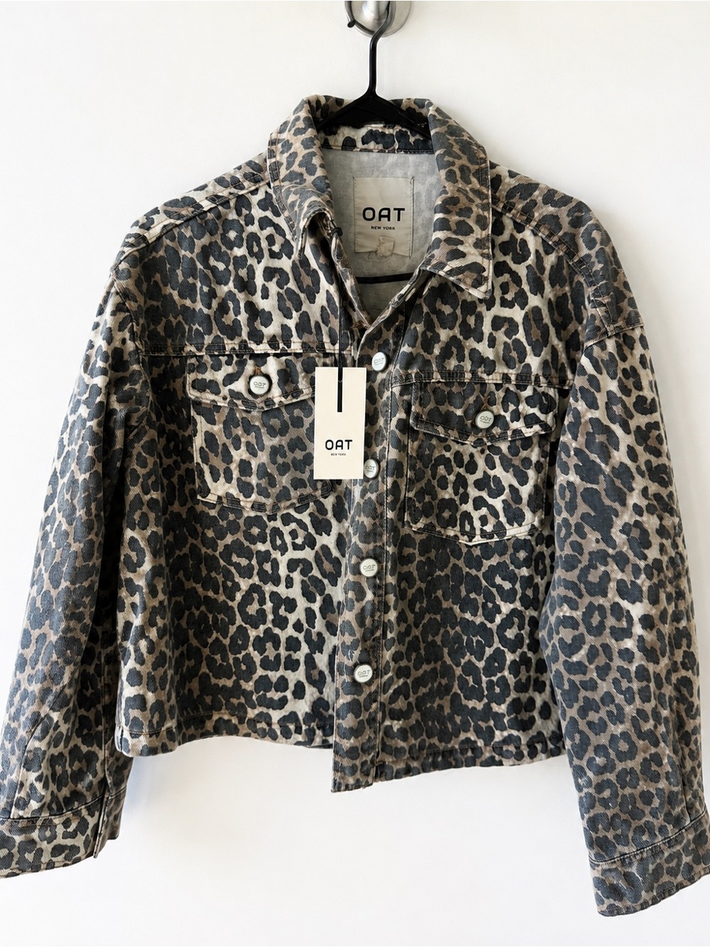 OAT New York Leopard Print Cropped Denim Jacket NWT